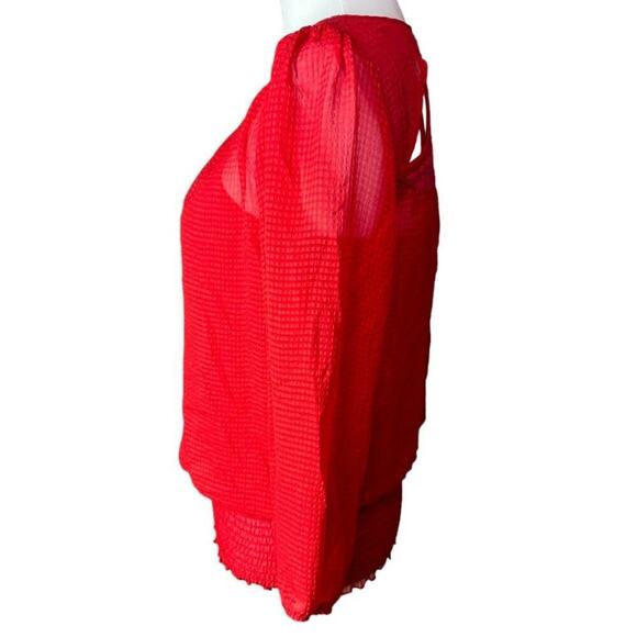 A.Buyer Layered Red Blouse Lace Back Cut Out 3/4 Sleeve Banded Bottom Size Med - Picture 3 of 11